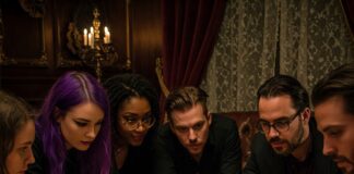 Gruppo di persone che giocano a una cena con delitto da tavolo