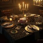Tavola decorata a tema delitto per una cena con mistero