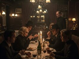 Attori in costume horror a cena con delitto in un ristorante elegante con atmosfera teatrale