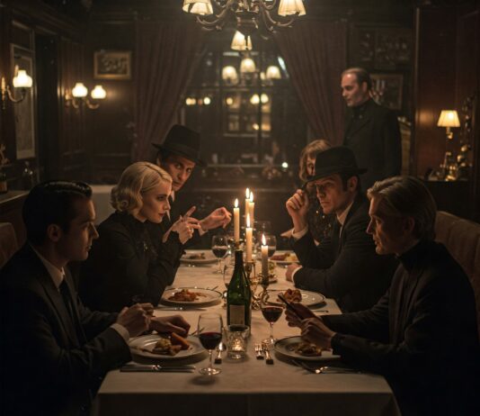 Attori in costume horror a cena con delitto in un ristorante elegante con atmosfera teatrale