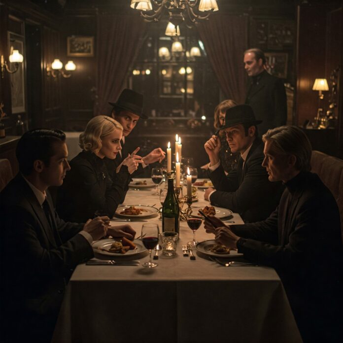 Attori in costume horror a cena con delitto in un ristorante elegante con atmosfera teatrale