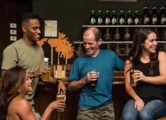 Gruppo di amici brinda durante un’apericena in un locale conviviale