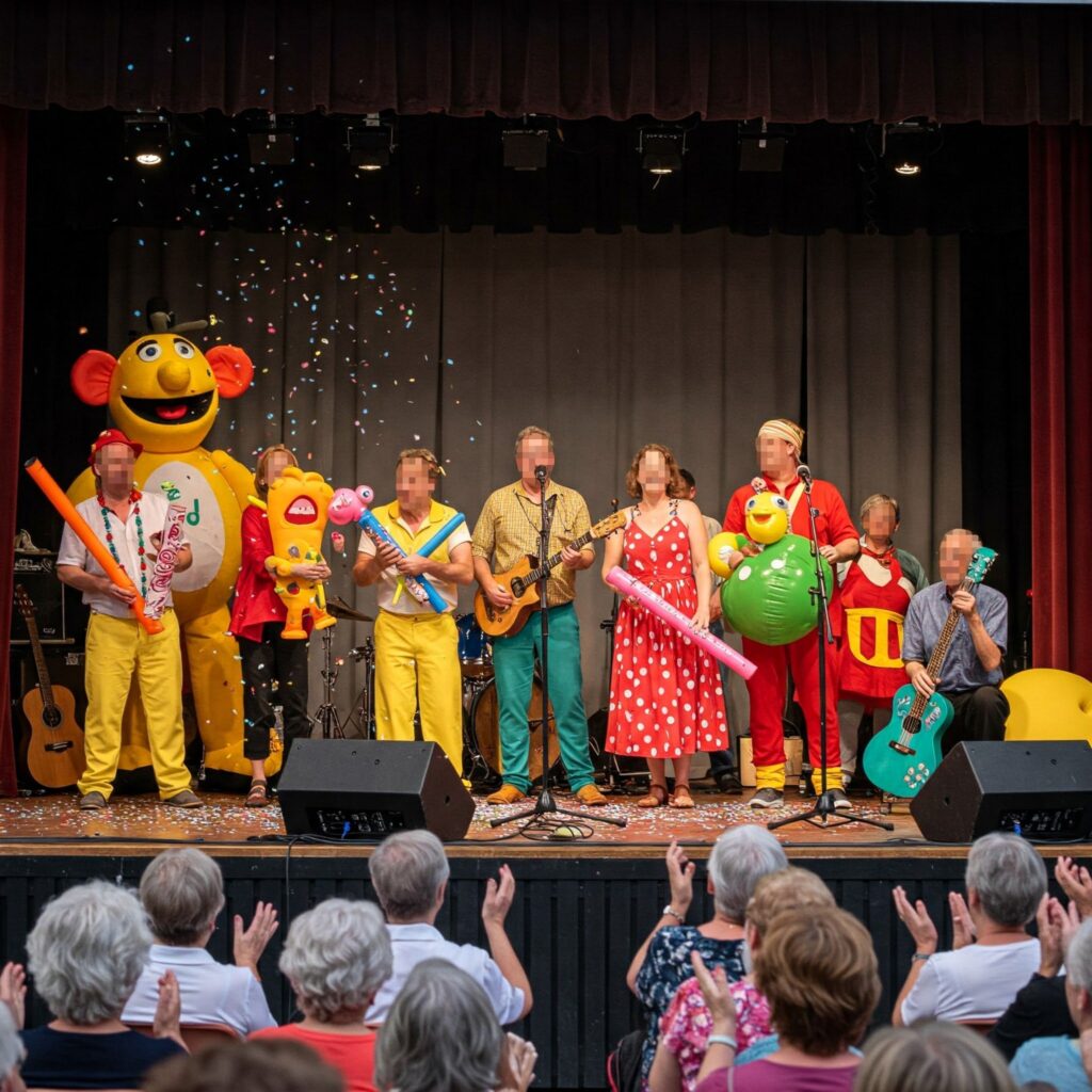 Partecipanti si esibiscono sul palco durante un evento aziendale
