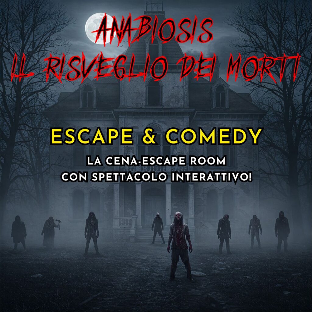 Locandina escape room aziendale Anabiosis con zombie davanti a villa