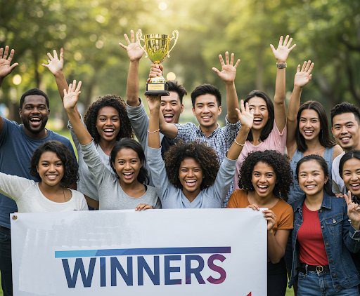 Team aziendale celebra la fine della escape room con entusiasmo e sorrisi