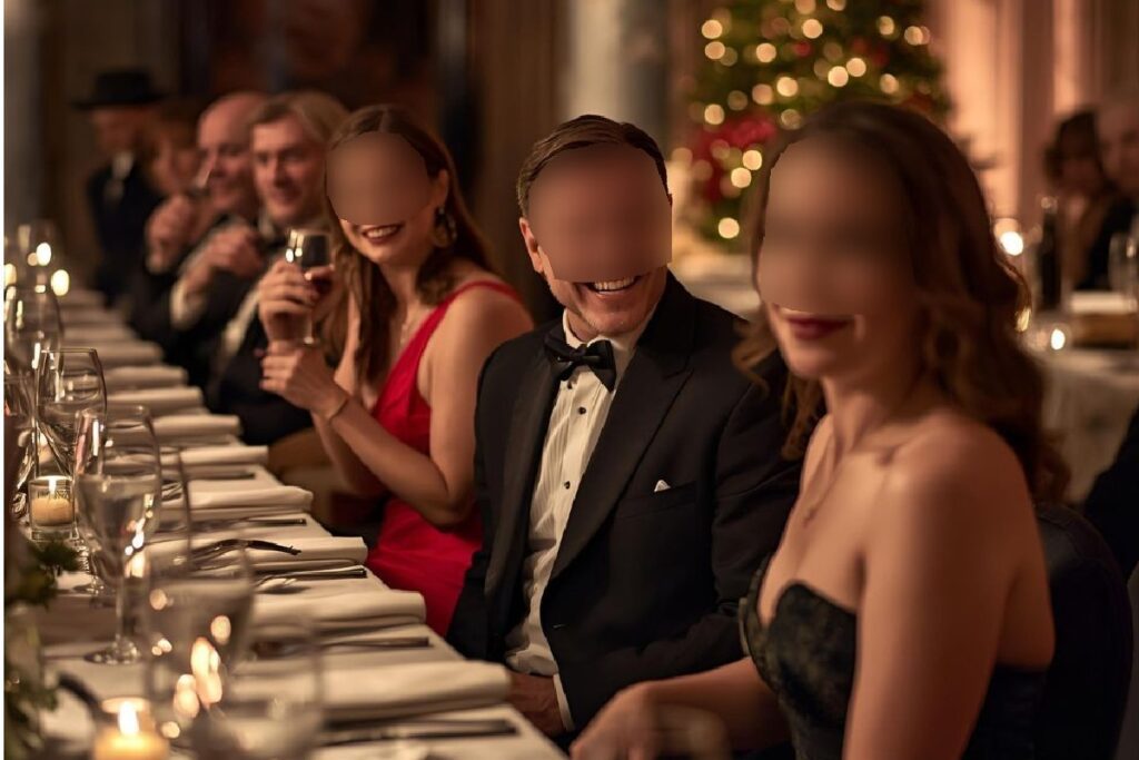 Ospiti durante una Cena con Delitto natalizia in location elegante a Milano.