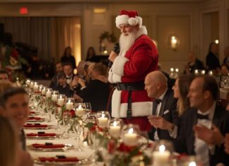 Scena dello spettacolo "Delitto nel Villaggio di Babbo Natale" per la cena aziendale.