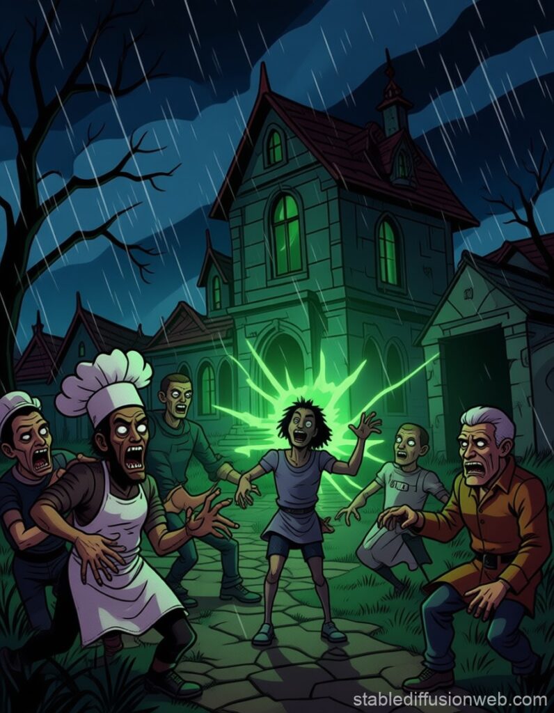 Orda di zombi generati dall'elisir Anabiosis radunati intorno alla villa