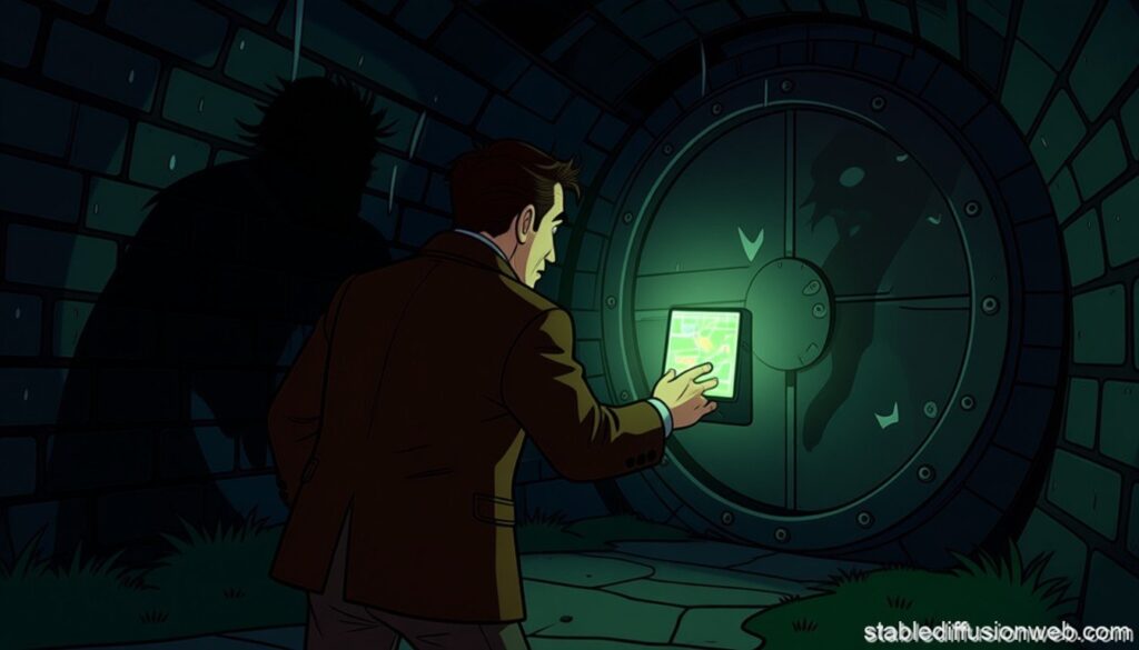 Jacques davanti alla porta blindata della villa inseguito dal Monster Zombi