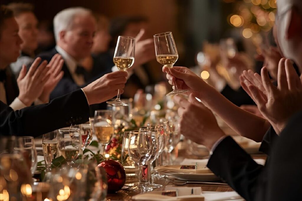 Dipendenti che festeggiano con un brindisi la conclusione di una Cena con Delitto aziendale di Natale.
