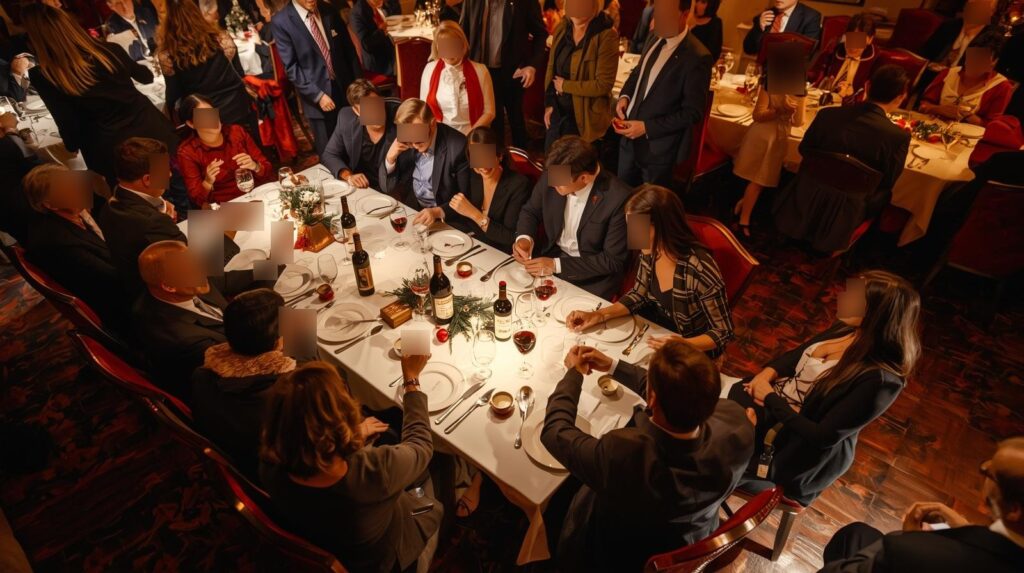 Dipendenti che partecipano a una Cena con Delitto interattiva per Team Building aziendale.