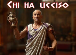 Locandina dell'evento Cena con Delitto intitolato "Chi ha ucciso Giulio Cesare?" con attore in costume da antico romano e coppa dorata.