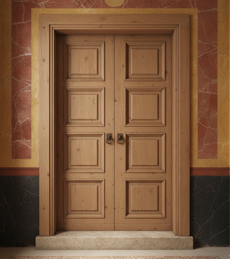 Ricostruzione fotorealistica di una porta interna in legno di una domus aristocratica romana dell'epoca di Giulio Cesare. La porta è socchiusa e mostra pareti affrescate in Primo Stile pompeiano e un'anteprima del triclinio. Ambientazione storica per eventi di Cena con Delitto.