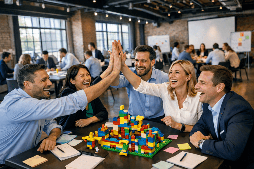 Gruppo aziendale celebra il successo della costruzione collettiva durante un evento di team building esperienziale organizzato a Milano.