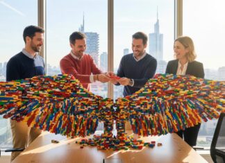 Team aziendale collabora alla costruzione di ali monumentali con mattoncini colorati durante un evento di formazione esperienziale a Milano.