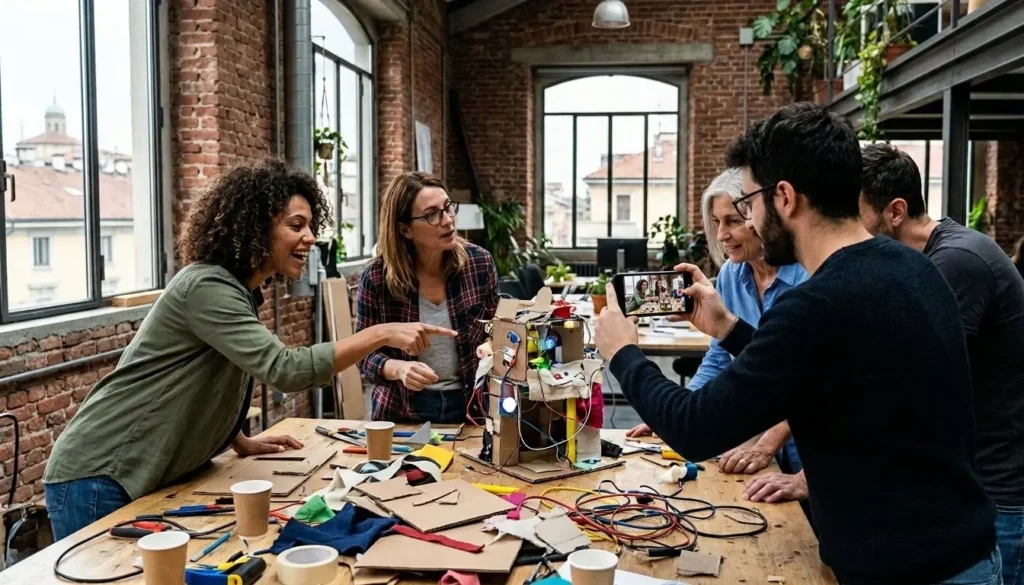 Team aziendale mentre effettua riprese video con smartphone durante il format Ciack si ricicla.