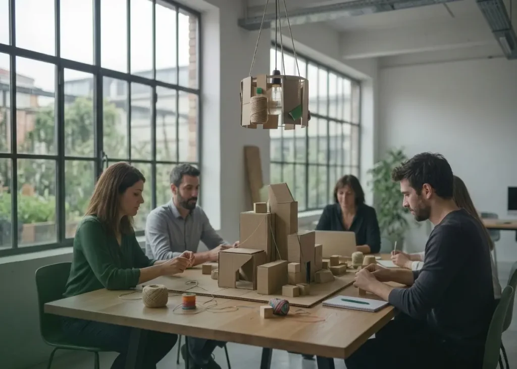 Team di colleghi che collaborano costruendo un prototipo con materiali riciclati durante Officina Green
