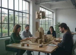 Team di colleghi che collaborano costruendo un prototipo con materiali riciclati durante Officina Green