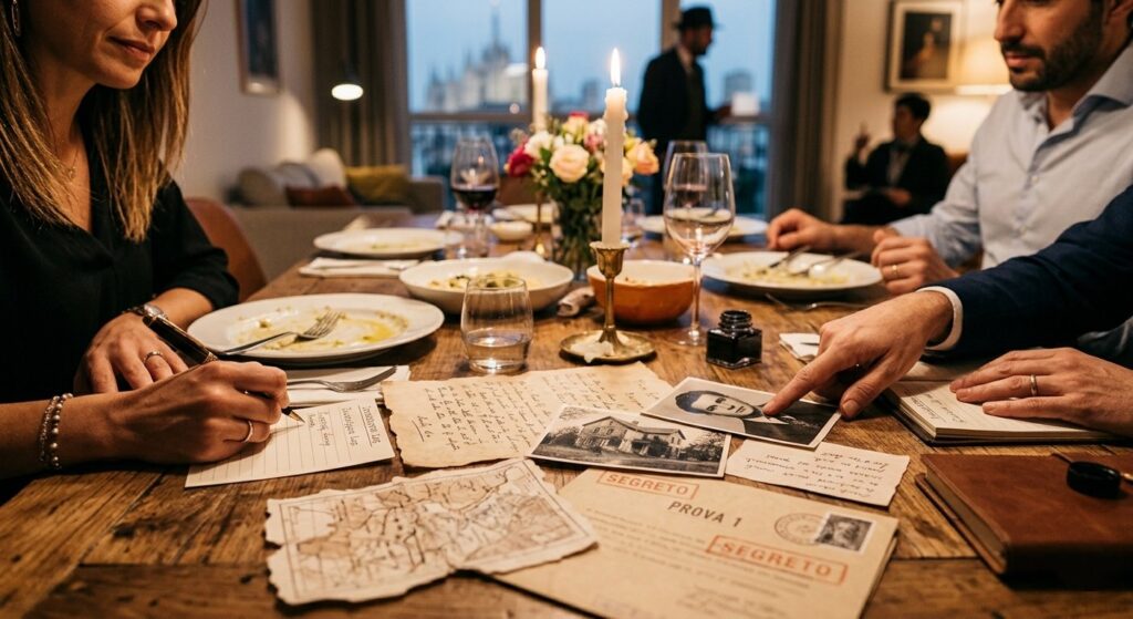 Amici seduti a tavola mentre esaminano indizi cartacei e collaborano durante una cena con delitto privata a domicilio.