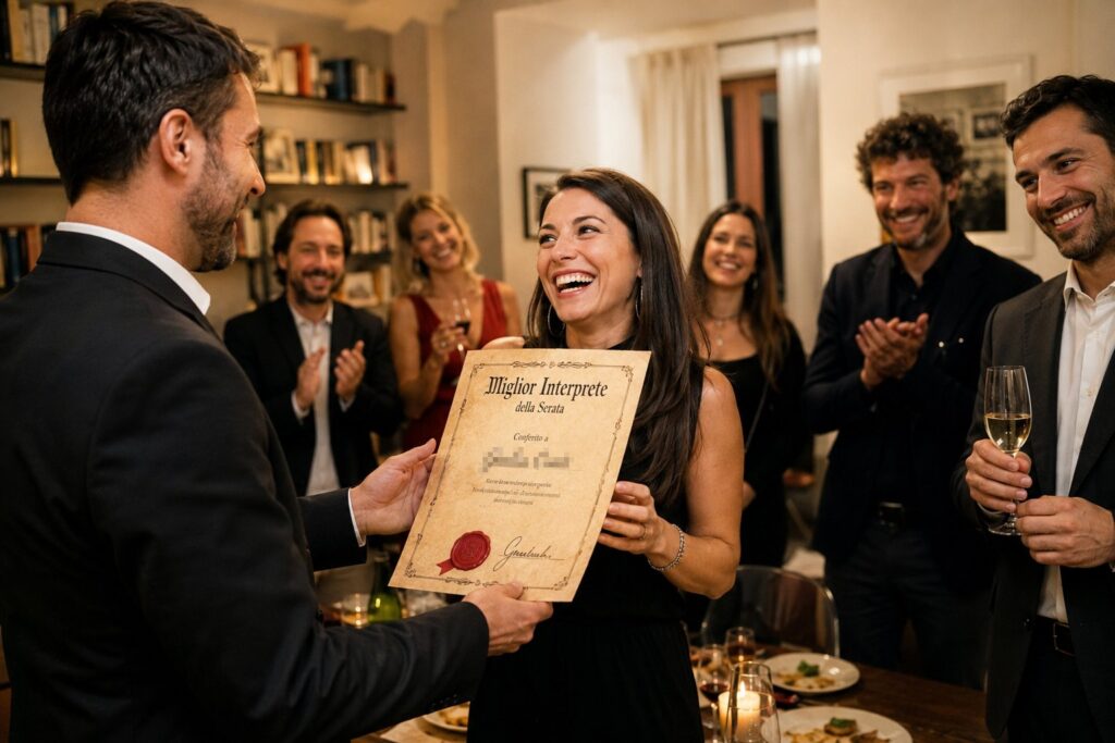 Consegna dell'attestato ufficiale al miglior interprete durante la premiazione di una cena con delitto privata.