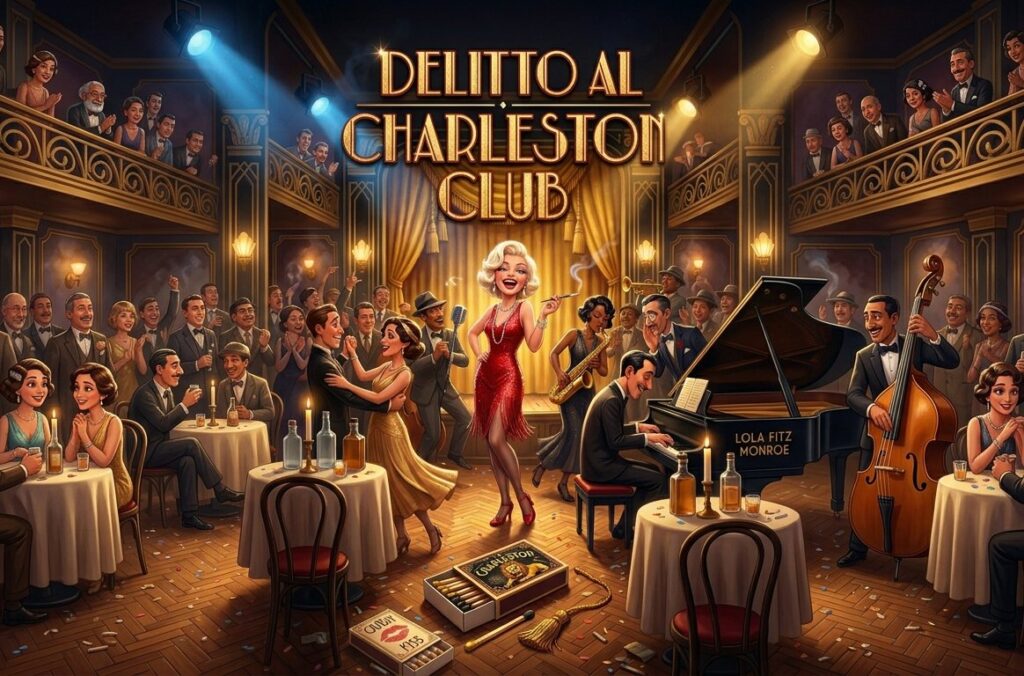 Locandina per la trama della cena con  delitto dal titolo "Delitto al Charleston Club", con una scena ambientata negli anni '20 davanti a un jazz club, un bicchiere di whisky, fiammiferi e carte da gioco in primo piano.
