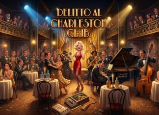 Locandina per la trama della cena con delitto dal titolo "Delitto al Charleston Club", con una scena ambientata negli anni '20 davanti a un jazz club, un bicchiere di whisky, fiammiferi e carte da gioco in primo piano.