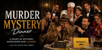 Professional actors performing a Murder Mystery Dinner in Milan, an immersive theater team building event by Carlo Della Santa.