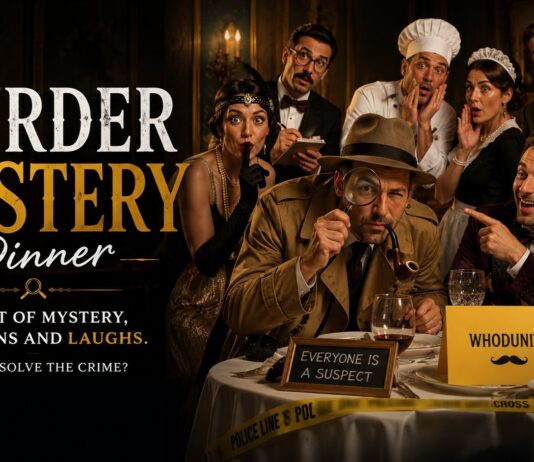 Professional actors performing a Murder Mystery Dinner in Milan, an immersive theater team building event by Carlo Della Santa.