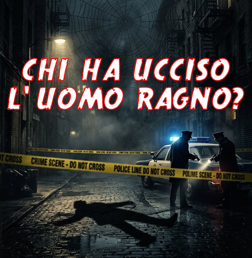 Locandina della Cena con delitto dal titolo "Chi ha ucciso l'Uomo Ragno"