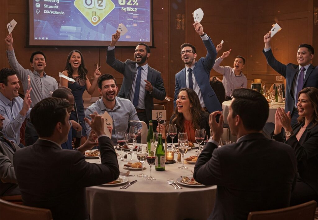 Squadre aziendali che collaborano per risolvere un mistero durante la cena con delitto