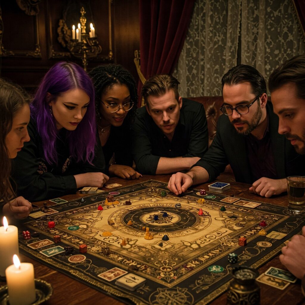 Gruppo di persone che giocano a una cena con delitto da tavolo