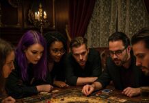 Murder Mystery Dinner Explanation Gruppo di persone che giocano a una cena con delitto da tavolo