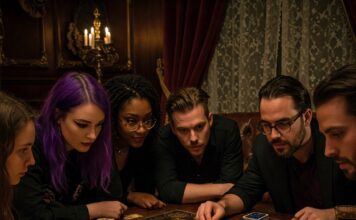 Murder Mystery Dinner Explanation Gruppo di persone che giocano a una cena con delitto da tavolo