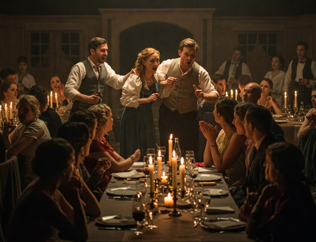 Attori che inscenano un omicidio teatrale durante una cena con delitto, con ospiti coinvolti e sorpresi