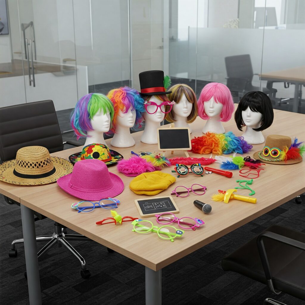 Materiali creativi e teatrali usati per un’attività di team building