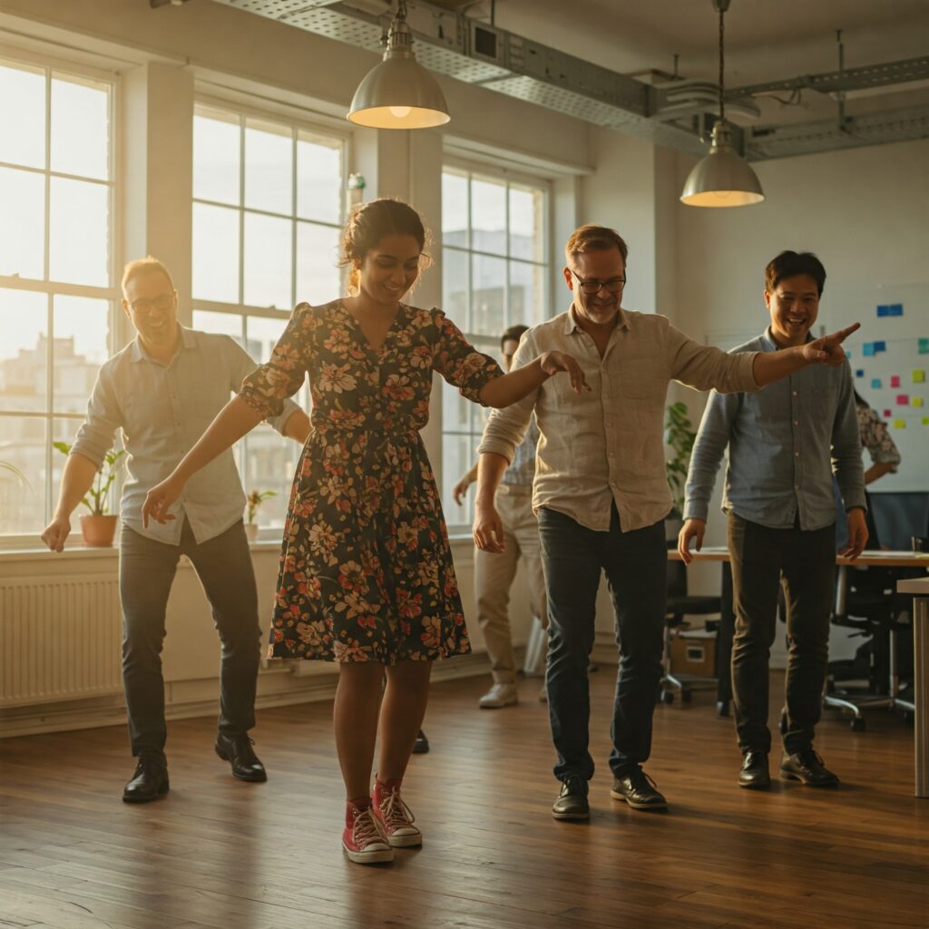 Team aziendale prova una coreografia per attività di team building