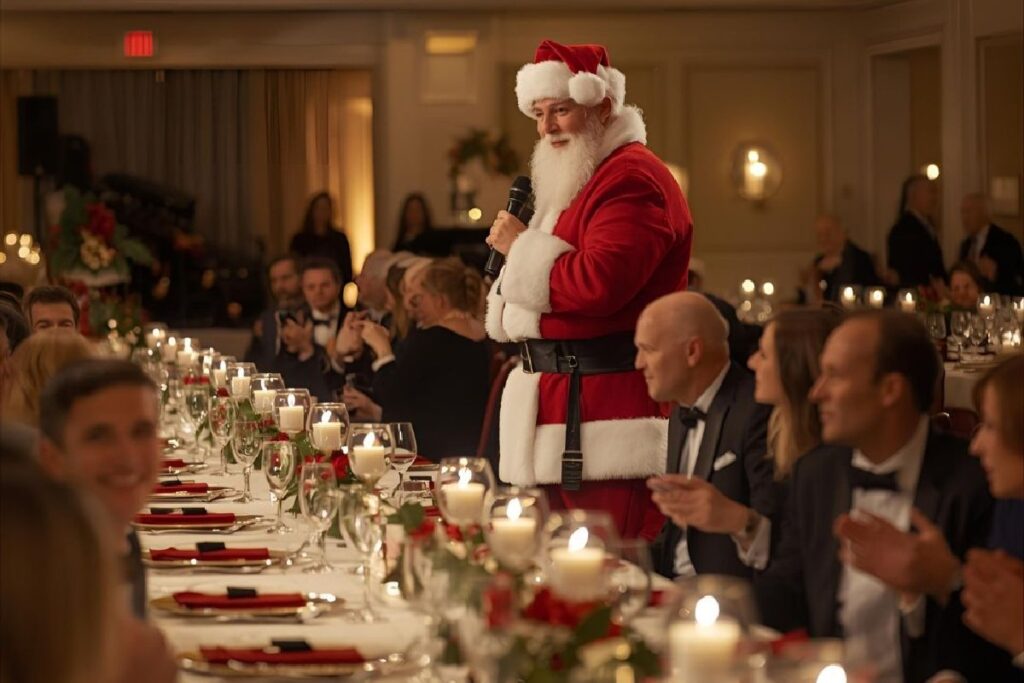 Scena dello spettacolo "Delitto nel Villaggio di Babbo Natale" per la cena aziendale.