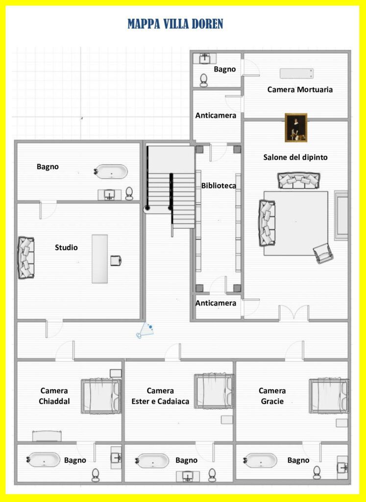 Pianta e mappa dei luoghi di Villa Dorèn con indizi utili alla soluzione della trama horror comica della Cena con Delitto.
