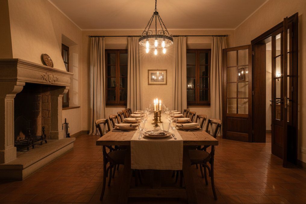 Organizzazione Logistica Evento Capodanno a Domicilio Sala da pranzo o villa allestita per un evento privato Capodanno, simbolo di tranquillità e organizzazione.