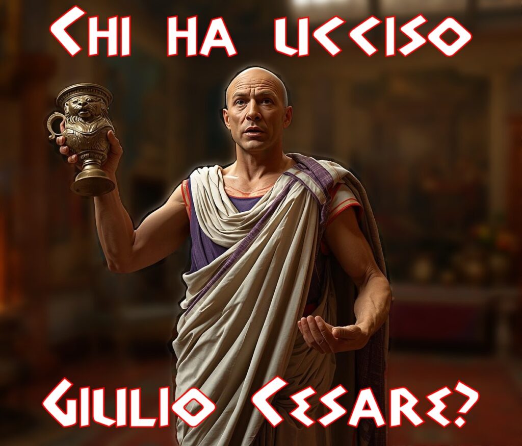 Locandina dell'evento Cena con Delitto intitolato "Chi ha ucciso Giulio Cesare?" con attore in costume da antico romano e coppa dorata.