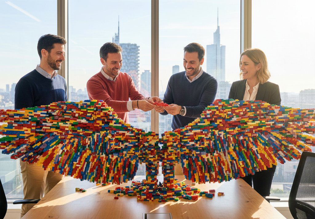 Team aziendale collabora alla costruzione di ali monumentali con mattoncini colorati durante un evento di formazione esperienziale a Milano.